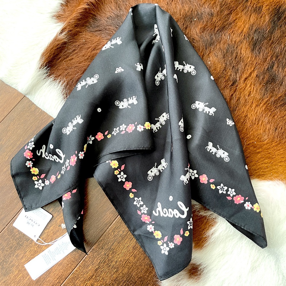 Coach Black Floral Print Scarf